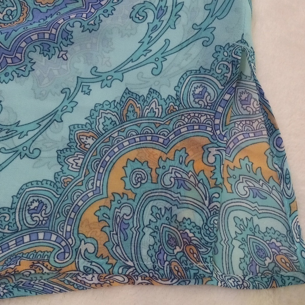 Ann Taylor Aqua and Lavender Paisley Print Boho Sheer Peasant Blouse - Picture 14 of 14
